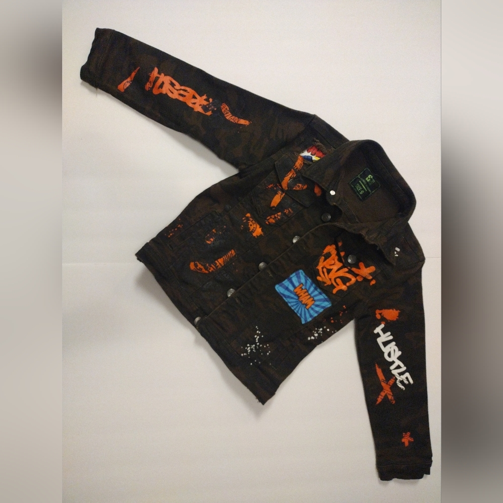 Sacred Crown Jean Jacket Kids Size 6 Graffiti Camo